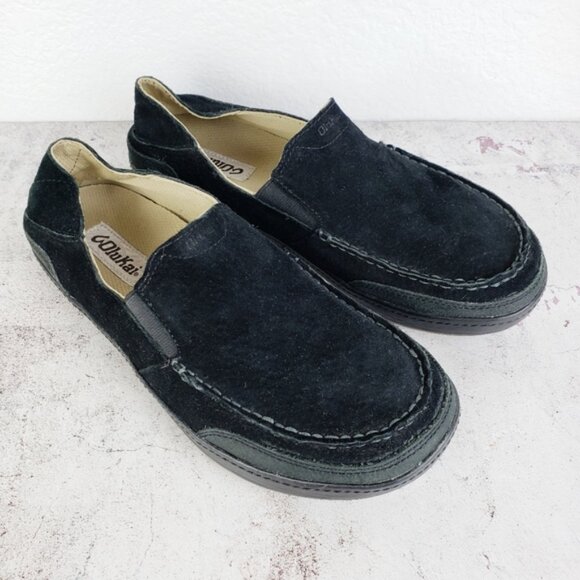 OluKai Puhalu Black Suede Leather Slip On Casual Shoes Men's size 9M EU 42 - Picture 1 of 12